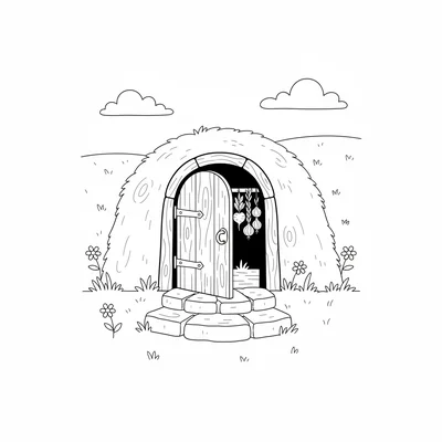 A simple cottage root cellar entrance with a low wooden door set into a grassy coloring page