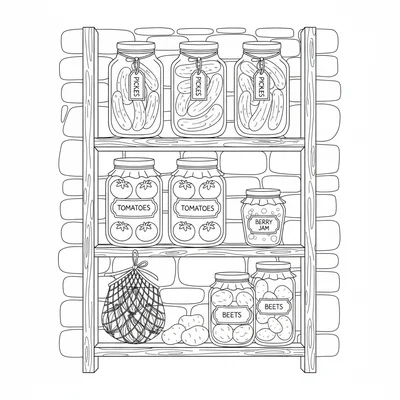 A simple cottage root cellar shelf with rows of preserved vegetables in jars coloring page