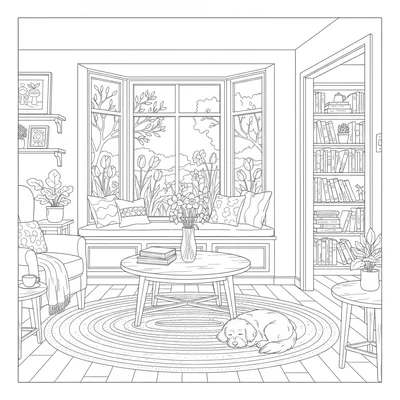 A cottage sitting room in spring with a bay window looking out onto a spring coloring page