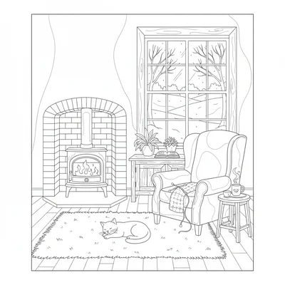 A cottage sitting room in winter with a wood-burning stove in a brick alcove coloring page
