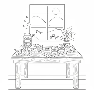 A cottage soap-making table with several round bars of soap on a wooden board coloring page