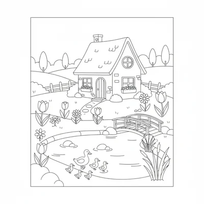 A simple cottage springtime scene with a small pond at the bottom of a garden coloring page