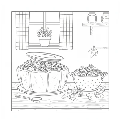 A simple cottage summer pudding making scene with a bowl lined with bread coloring page
