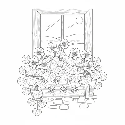 A cottage window box filled with trailing nasturtiums, a few round blooms coloring page
