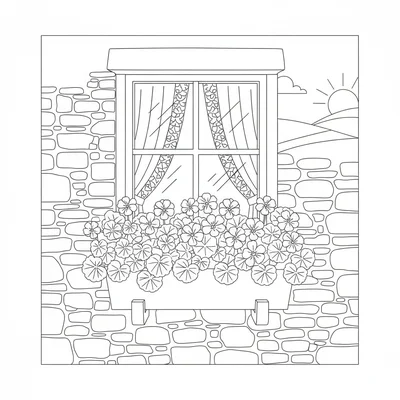 A simple cottage window box scene viewed from outside, a window box full of red coloring page