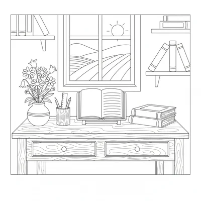 A cottage writing desk with a simple open notebook, a small pot of wildflowers coloring page