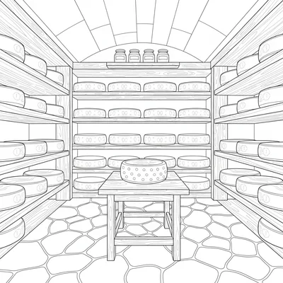 A country cheese-making cellar with rows of aging cheese wheels on wooden coloring page