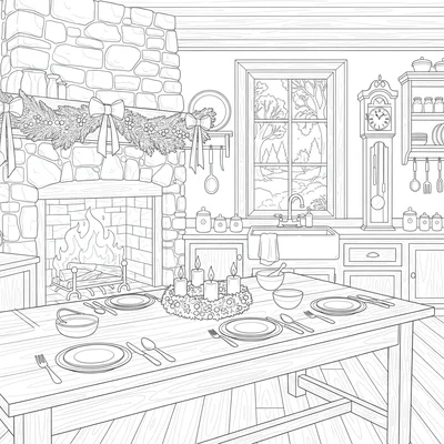 A country farmhouse kitchen at Christmas with garlands of pine and berries coloring page