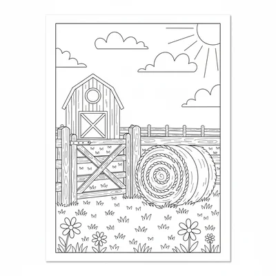 A simple country farmyard scene with a wooden fence section, a gate, and a big coloring page
