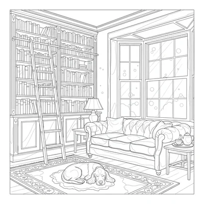A country house library with leather-bound books in tall coloring page