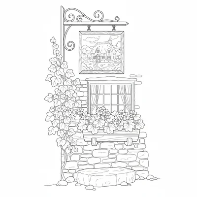 A country inn sign hanging from an iron bracket above a door, the painted coloring page