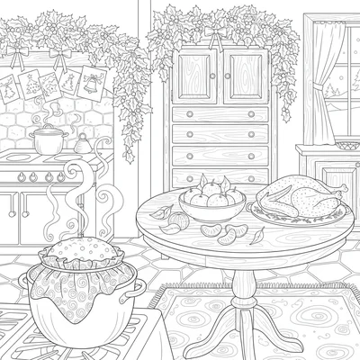 A country kitchen at Christmas with a plum pudding boiling coloring page