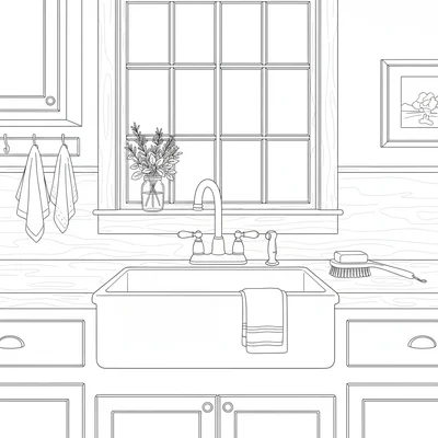 A country kitchen sink set into a wooden counter, a window above the sink coloring page