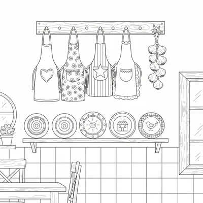 A country kitchen wall with wooden peg rails holding several aprons coloring page