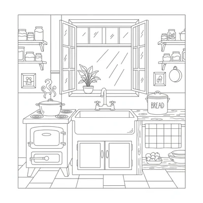 A country kitchen with an open window above a sink, a simple pot on the wood coloring page
