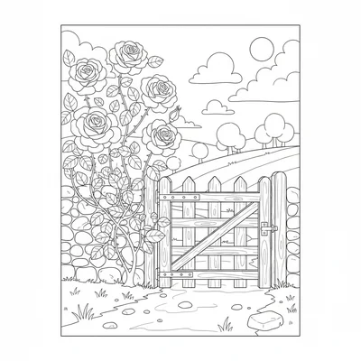 A country lane corner with a simple stone wall on one side, a wooden gate set coloring page