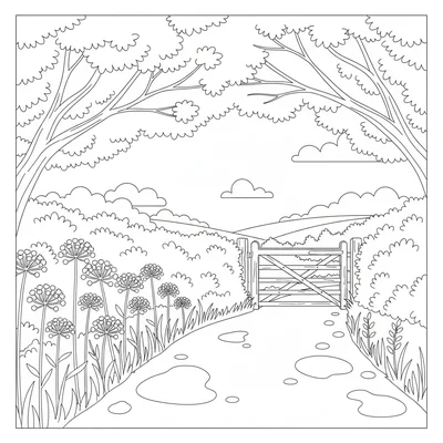 A simple country lane summer scene with a narrow lane, a cow parsley bank coloring page