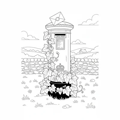 A country postbox scene with a red freestanding pillar box on a village green coloring page