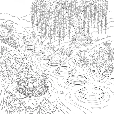 A country stream scene with a narrow clear stream running through a meadow coloring page