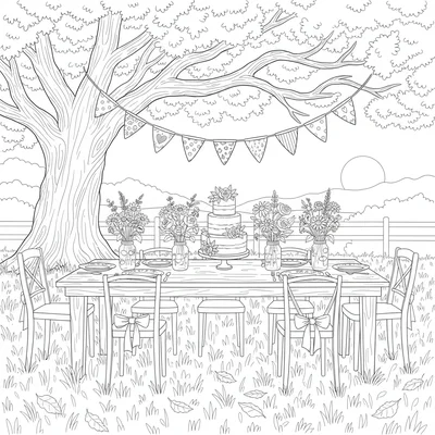 A country wedding table scene outdoors under a tree, with a long wooden trestle coloring page