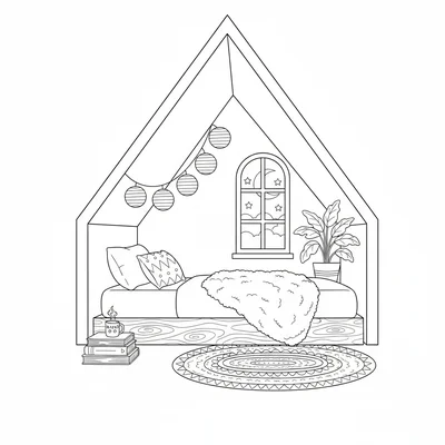 A cozy attic reading nook under sloped eaves with a simple mattress on a low coloring page