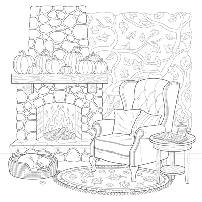 A cozy autumn fireside scene with a stone fireplace with a mantle displaying coloring page