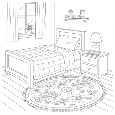 A cozy bedroom corner with a wooden bed frame with a simple headboard coloring page