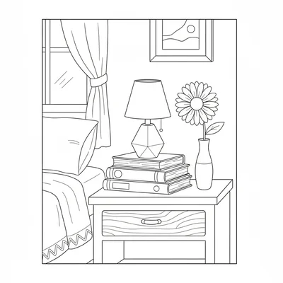 A cozy bedroom nightstand with a stack of three books, a small lamp coloring page