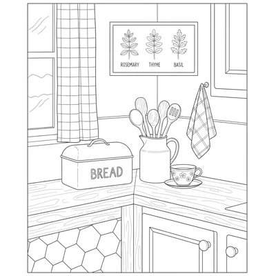 A cozy corner of a cottage kitchen with a bread bin on the counter, a jug coloring page