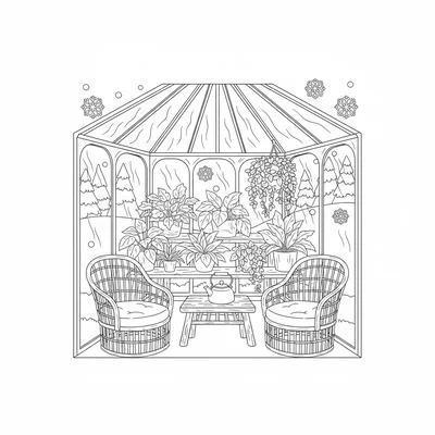 A cozy cottage conservatory in winter with steamy glass windows, a collection coloring page