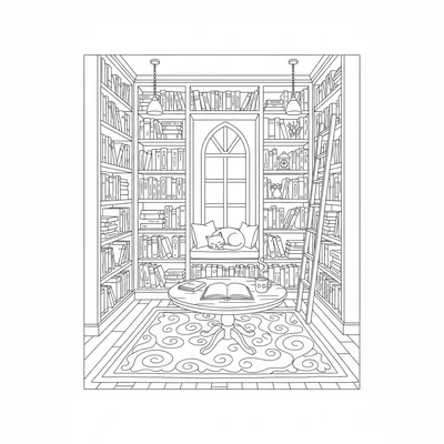 A cozy cottage library with floor-to-ceiling bookshelves lining three walls coloring page