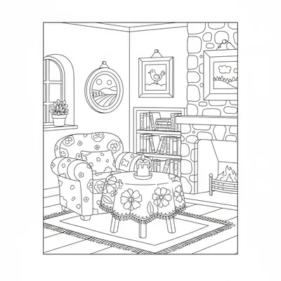 A cozy cottage living room corner with a small round table, a hand-stitched coloring page