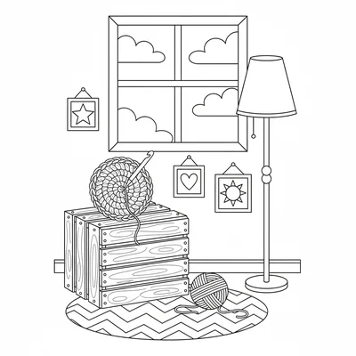 A cozy craft corner with a simple wooden crate repurposed as a side table coloring page