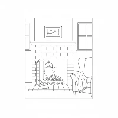 A cozy fireplace alcove with a brick surround, a few logs stacked inside ready coloring page