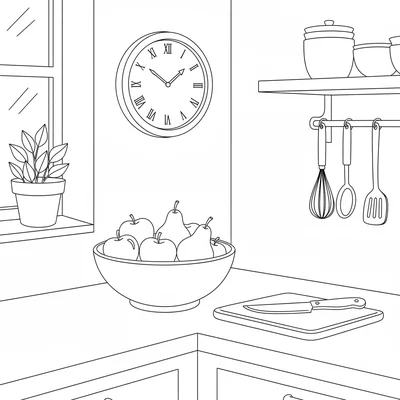 A cozy kitchen corner with a simple round kitchen clock on the wall, a fruit coloring page