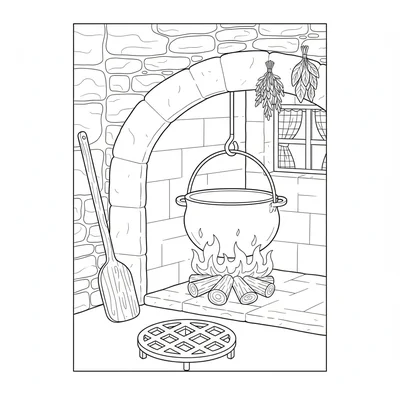 A cozy kitchen corner with a simple cast iron pot hanging above a low fire coloring page