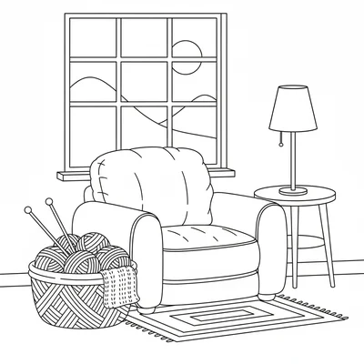 A cozy knitting corner with a low basket on the floor filled with balls coloring page