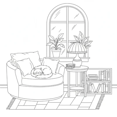 A cozy reading nook corner with a round armchair, a small side table coloring page