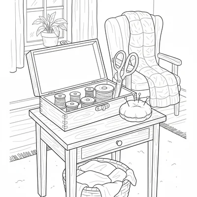 A cozy sewing corner with a wooden sewing box open on a small table, several coloring page