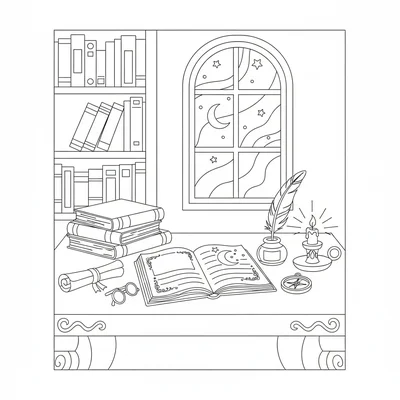 A cozy study desk with an open notebook, a feather quill standing in an ink coloring page
