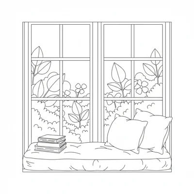 A cozy window seat with a cushion, two toss pillows, a small stack of books coloring page