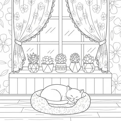 A cozy window with a simple lace curtain tied back, a row of small succulents coloring page