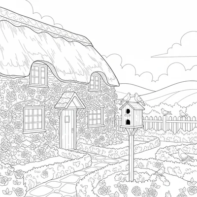 A English cottage exterior viewed from the garden with a thatched roof, roses coloring page
