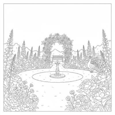 A English country garden in late June: a rose arch draped in full climbing coloring page