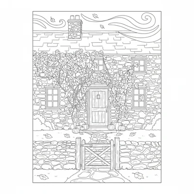 A farmhouse front exterior in autumn with a stone facade, a heavy oak door coloring page