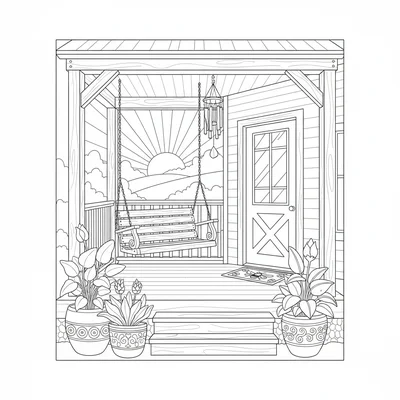 A farmhouse porch in summer with a wooden porch swing, two potted plants coloring page