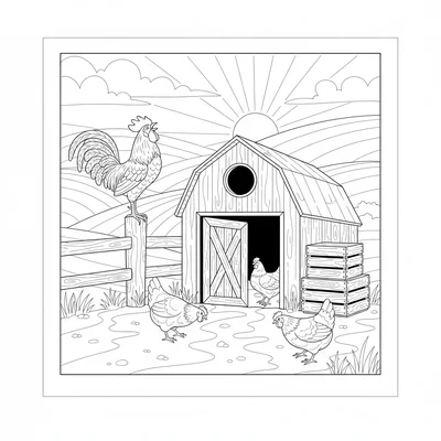 A farmyard scene at dawn with a rooster on a fence post crowing, a barn door coloring page