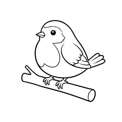 A fat little robin bird sitting on a branch, viewed from the side, with a round coloring page