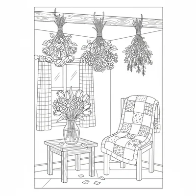 A simple flower drying scene in a cottage corner with three bundles of flowers coloring page