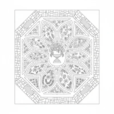 A formal cottage herb knot garden viewed from above, with low box hedging coloring page